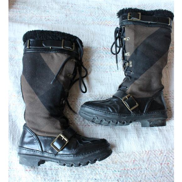 Burberry Brown Nova Check Snow Rain Shearling Lined Duck Boots Size 36 - Picture 1 of 7